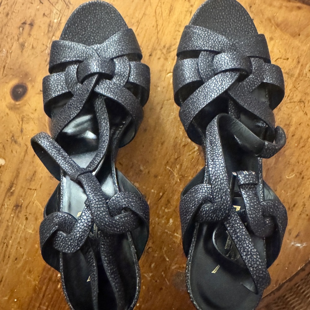 YSL Saint Laurent Tribute Black Grained Leather Platform High Heel Sandals - Picture 5 of 10
